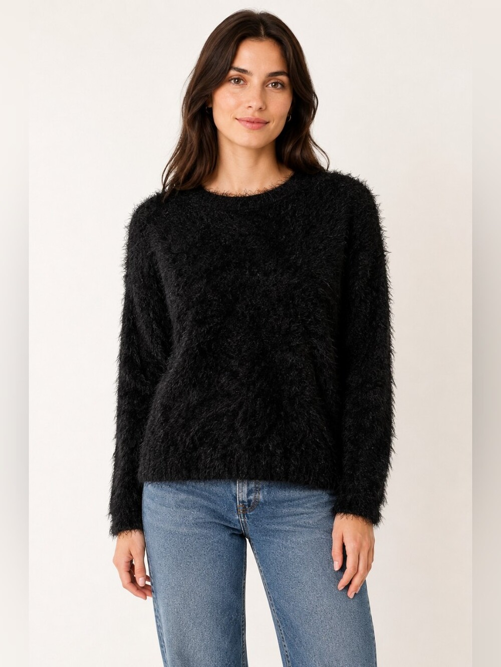 RAGA Black Eyelash Fuzzy Knit Stretchy Pullover Sweater Medium